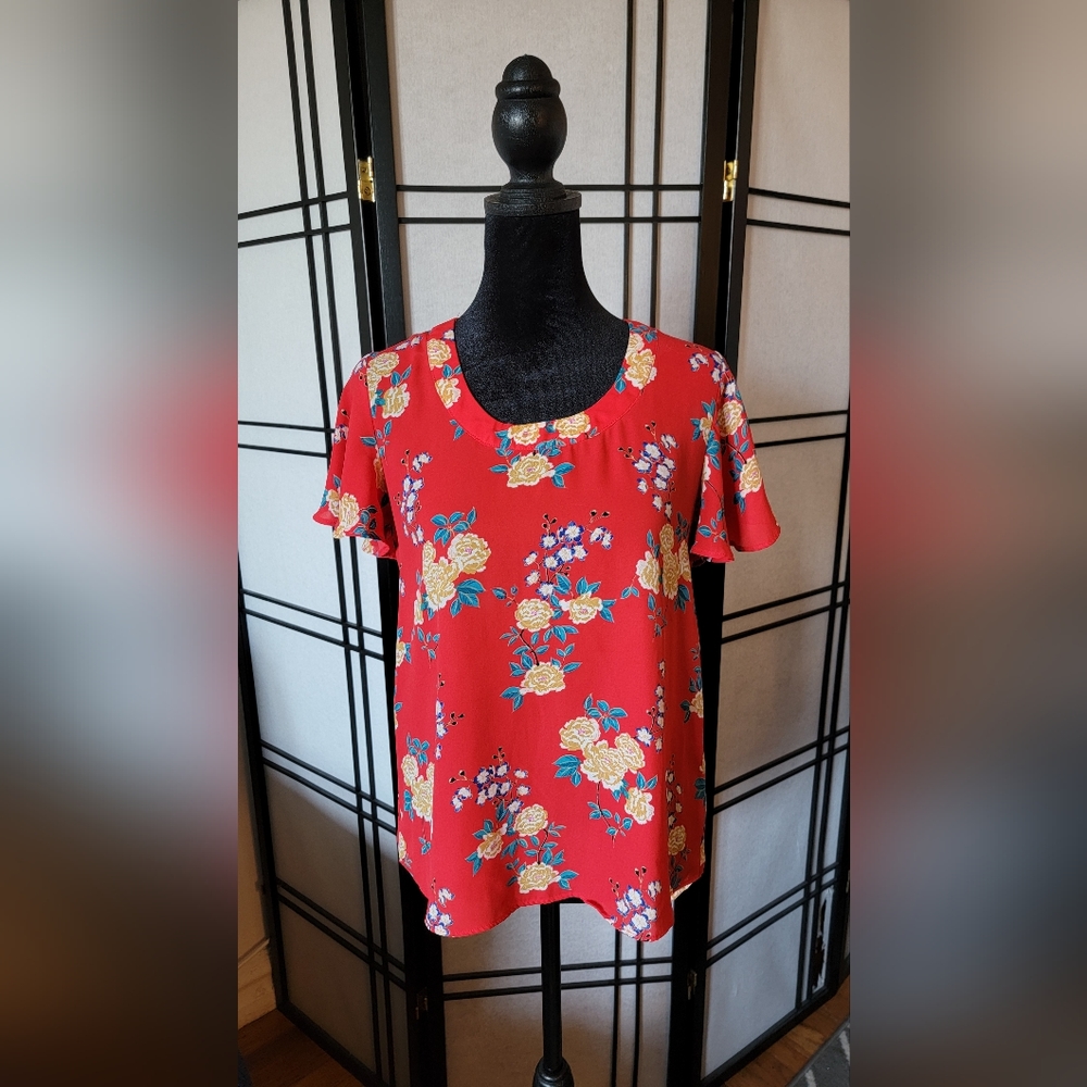 Pink Rose Women's High Low Bell Sleeve Short Sleeve Floral Print Shirt